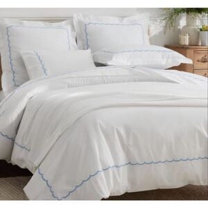 New Company Store Blue White Scallop   100% Cotton Percale Duvet Cover- Full